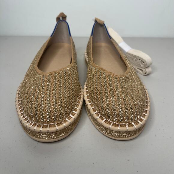 Rothys Tan Metallic Gold Stripe Ballet Ankle Lace Wrap Up Flats 8.5 - Picture 7 of 9